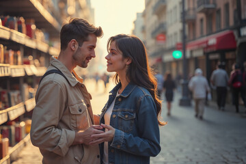 Fototapeta premium A young couple shares a tender moment, smiling at each other while holding hands on a sunlit urban street. Passersby walk behind them, and shelves filled with colorful items line the background.