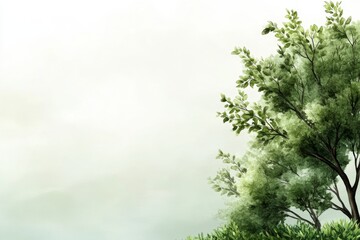 Fototapeta premium A watercolor landscape with ash green trees, merging softly into a foggy background