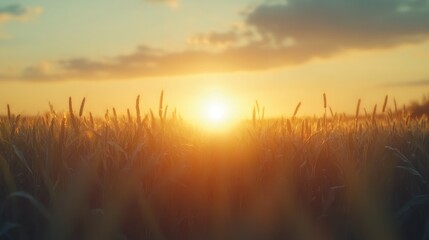 A field of wheat or grain is silhouetted against a colorful sunset, with the setting sun shining through the stalks.
