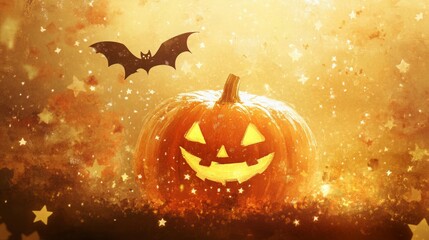 Naklejka premium A glowing Halloween pumpkin with a bat, surrounded by shimmering stars and an eerie atmosphere.
