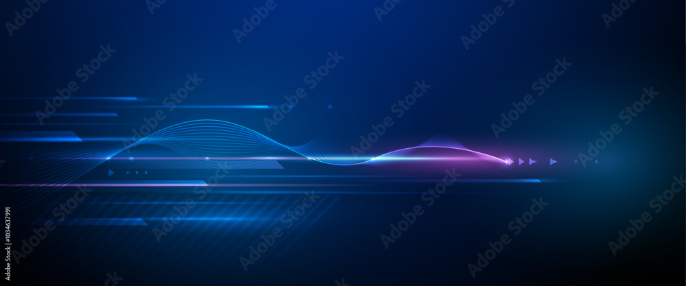 Poster Vector abstract line pattern, neon light effect. High speed movement and motion blur over dark blue background. Illustration futuristic design. Cyber, hi tech connection technology, cyberspace concept