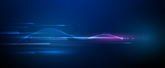 Vector abstract line pattern, neon light effect. High speed movement and motion blur over dark blue background. Illustration futuristic design. Cyber, hi tech connection technology, cyberspace concept