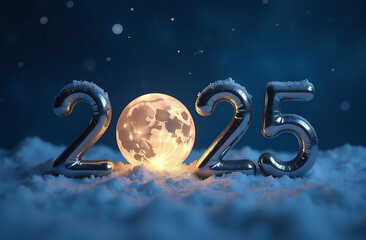 A snowy night view of the year 2025 with a glowing moon in the background