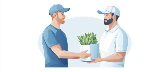 Obraz premium Two men are holding a plant in a white box