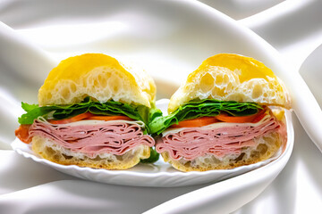 Italian mortadella bologna sandwich with arugula, tomato and cheese on ciabatta bread