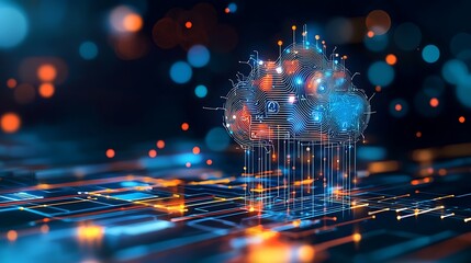 This striking digital illustration showcases a cloud symbol interconnected with intricate circuitry, surrounded by vibrant blue and orange bokeh lights
