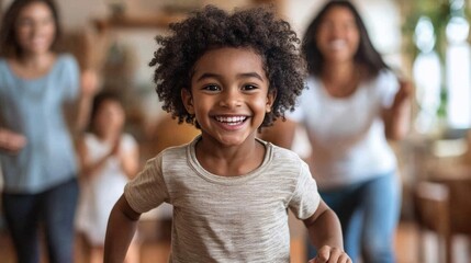 Fototapeta premium A young child with curly hair smiles brightly as they run energetically towards the viewer, surrounded by happy family members enjoying playful moments in the background of a cozy room.