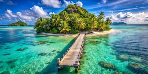 Obraz premium A wooden pier extends towards a tropical island, embraced by a vibrant turquoise ocean and a sky adorned with fluffy clouds.
