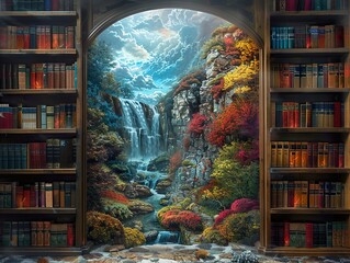 Waterfall Landscape Through a Library Window