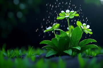 Pixelated Bugleweed flowers blooming in a digital garden, with raindrops animated falling gently