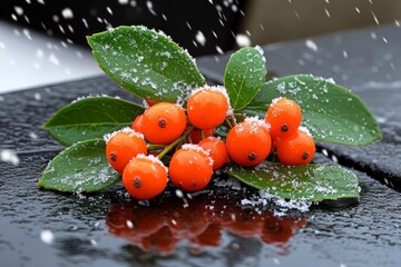 Pixelated Gaultheria berries sparkling on tiny leaves, animated with soft falling snow