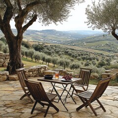 Fototapeta premium Picturesque Patio with Rustic Wooden Furniture Overlooking Vast Olive Grove and Rolling Hills - Perfect Outdoor Dining and Relaxation Spot in Serene Countryside