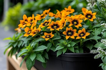 Fototapeta premium Retro-style garden poster featuring Tagetes and Bidens, evoking nostalgic charm