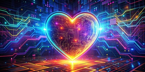 Fototapeta premium A vibrant heart composed of intricate circuitry glows with electric energy, pulsating in the center of a luminous digital landscape.