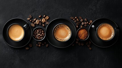 A black background features five black cups with coffee and saucers. Ground coffee, espresso, cappuccino, dalgona coffee, and coffee beans. Lay flat.