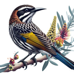 Realistic painting of a New Holland honeyeater with a 3D effect, white background isolated PNG