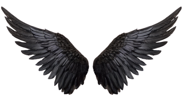 Black angel wings isolated on white background, perfect for designs and creative projects.