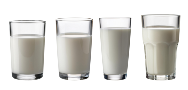 Four clear glasses of milk with varying levels against a white background.