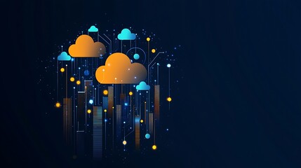 This abstract graphic features a cloud computing concept with colorful clouds and digital elements on a dark background, symbolizing technology and data innovation.