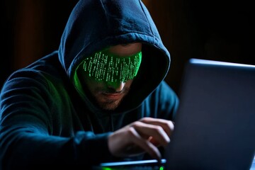 White hat hacking, illustrated in a minimalist style with a single laptop screen glowing with security code on a clean, white background