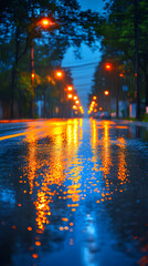 Naklejka premium Wet Road with Reflections of Street Lights After Rain at Night
