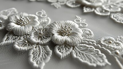 Fototapeta premium White Floral Lace Embroidery: Delicate Design and Texture