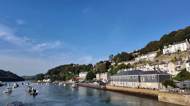 East Looe Cornwall England UK. 30.09.2024. Video. Upstream view of River Looe from Looe Bridge Cornwall UK