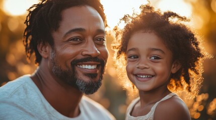 Obraz premium A smiling father embraces his daughter in a warm sunset glow, capturing a tender moment of happiness and connection in a vibrant field filled with light.