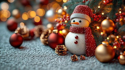 Obraz premium A snowman with a red scarf sits on a carpet next to a Christmas tree. The snowman is surrounded by many Christmas decorations, including a variety of ornaments and pine cones
