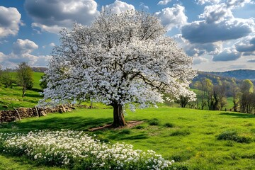 Naklejka premium Blooming Cherry Tree in Spring Meadow with Blue Sky and Clouds