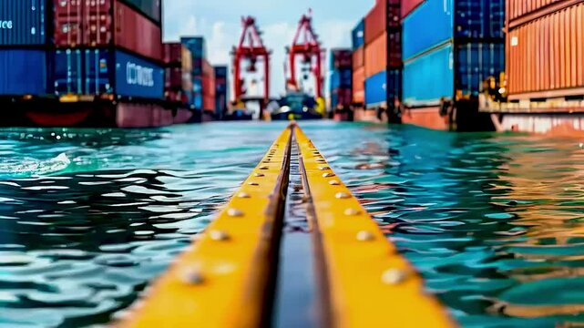 a yellow dock  and  blue water  with  containers
