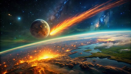 A fiery celestial body streaks through the cosmos, illuminating the star-strewn night sky as it descends towards a world engulfed in flames.