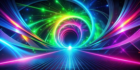 Obraz premium A futuristic neon glow with a starry night sky backdrop, a path lined with vibrant colors, leading into a glowing vortex of light