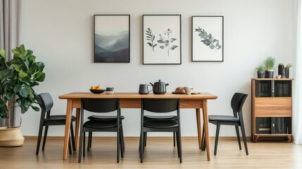 Beautiful interior design for a dining area featuring a wooden family table, black seats, a teapot with a mug, wall-mounted mock-up paintings, and sophisticated accessories for a modern home. 