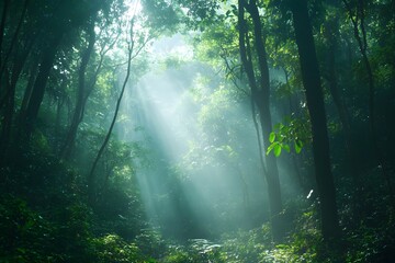 Sunlight Beams Through Misty Forest Canopy