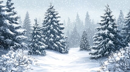 Naklejka premium Snow covered pine trees in a winter landscape featuring frost and a serene cold forest backdrop illustration of a heavy snow season