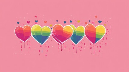 LGBT flag symbolism featuring six rainbow hearts on a pink background representing the spirit of Pride Month