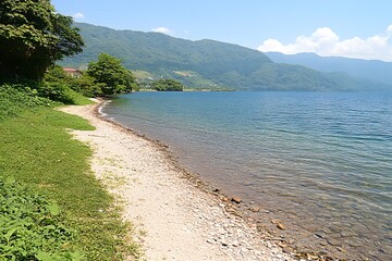 Tranquil Mountain Lake Shore with Clear Water and Gravel Beach