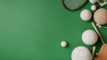 Various white sports balls and equipment arranged on a green surface creating an appealing sports-themed display