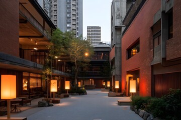 Japanese Architecture  Brick Wall Building With Lanterns And Plants At Dusk
