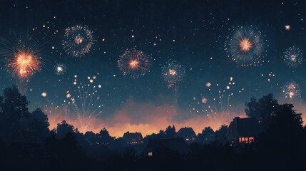 Naklejka premium New Year background banner featuring a panoramic view of fireworks illuminating a rustic dark blue night sky