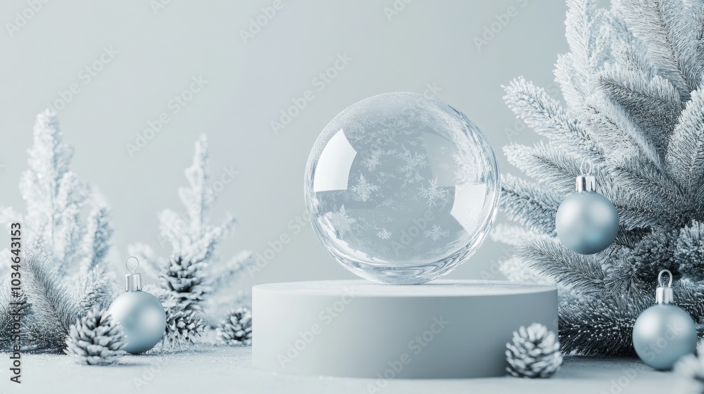 Aufkleber a beautiful winter display showcases a clear crystal orb resting on a white pedestal. surrounding it