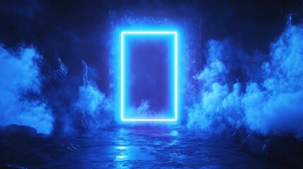 Obraz premium 3D render of an abstract esoteric background featuring a glowing rectangular portal blue neon lights virtual reality elements an energy source and a blank space with laser effects and fog