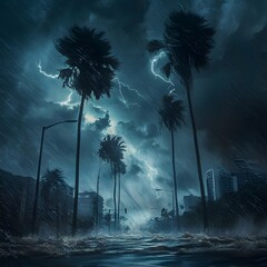 massive hurricane at the coastal city. streets are flooded with rising water. lightning flashes in the dark sky. silhouettes of city’s buildings and palm trees in the background