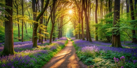 Naklejka premium A sun-drenched path winds through a vibrant forest, its verdant canopy reaching towards the sky, dappled sunlight illuminating the delicate purple blooms carpeting the ground.