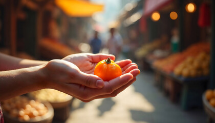 Hands Holding Bright Orange Fruit in Sunlit Market Scene, Vibrant Fresh Produce with Natural Charm and Authentic Vibe, Perfect for Organic Living and Healthy Lifestyle Themes