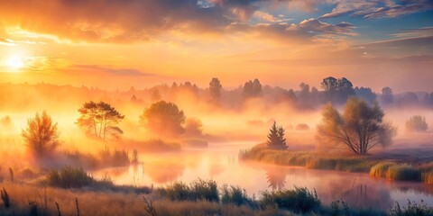 Fototapeta premium A serene river winding through a misty forest, bathed in the golden glow of a rising sun, with delicate foliage emerging from the fog