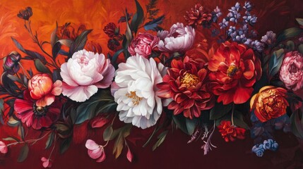 Vibrant floral oil painting set against a deep contrasting backdrop