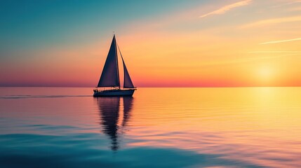 Sailboat gliding across calm waters at sunset, reflecting vibrant colors in the peaceful evening sky