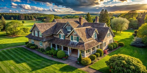 A sprawling suburban home nestled amongst lush greenery, a meticulously manicured lawn, and vibrant flowerbeds, bathed in the golden light of the setting sun.